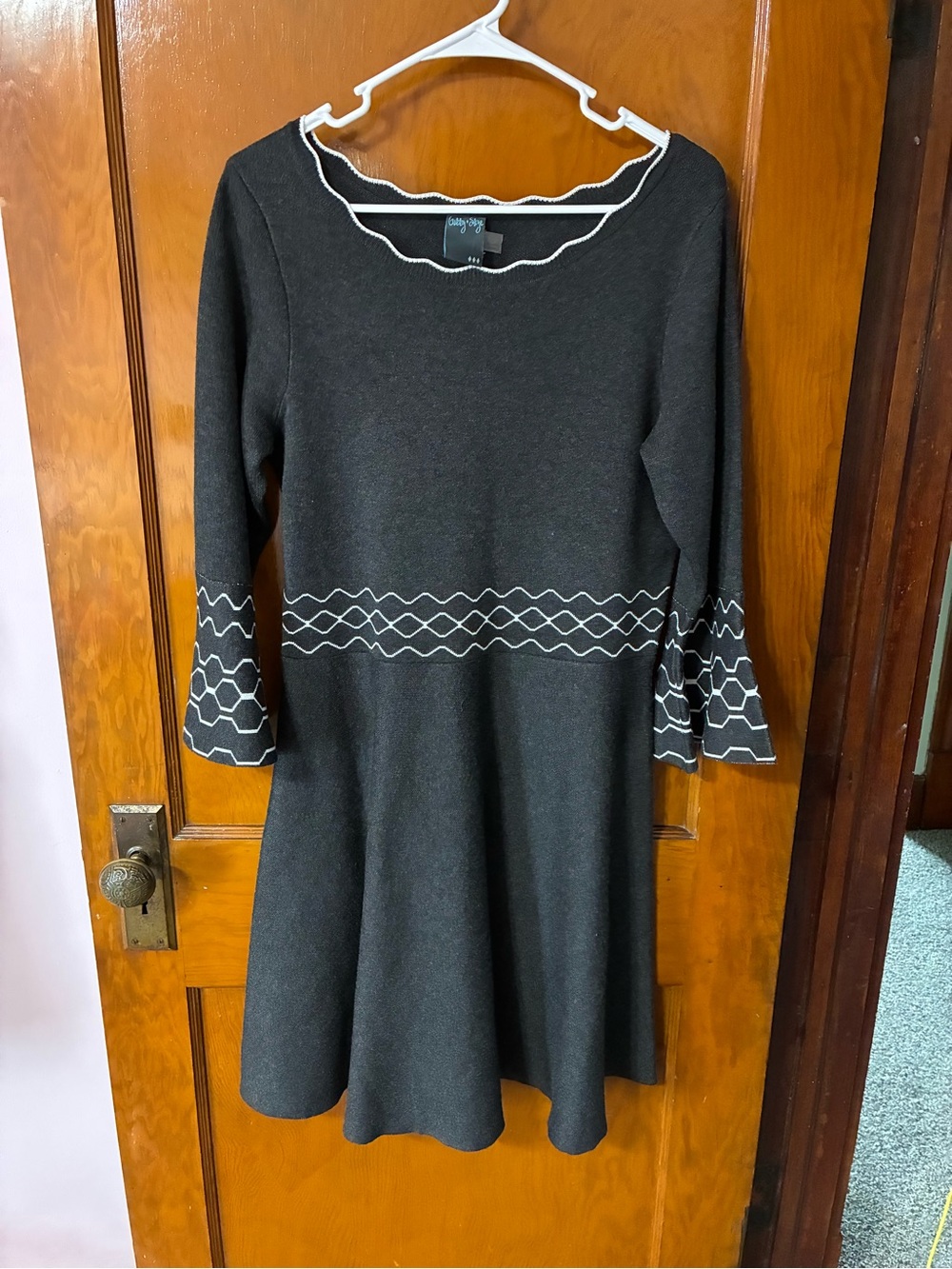 #19 - Gabby Skye Black/Charcoal Knit Dress with White Trim and Bell Sleeves